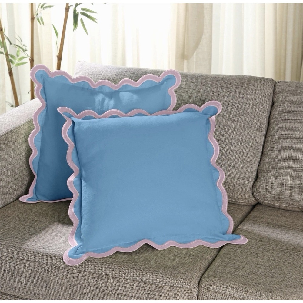 Folkulture Scallop Embroidery Blue Pink Square Pillow Cover 20x20 in (SET OF 2)
